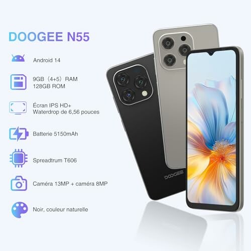 Doogee N55 smartphone specs featuring Android 14, 9GB RAM, 128GB ROM, 6.56-inch HD+ display, 5150mAh battery, T606 processor, 13MP and 8MP cameras