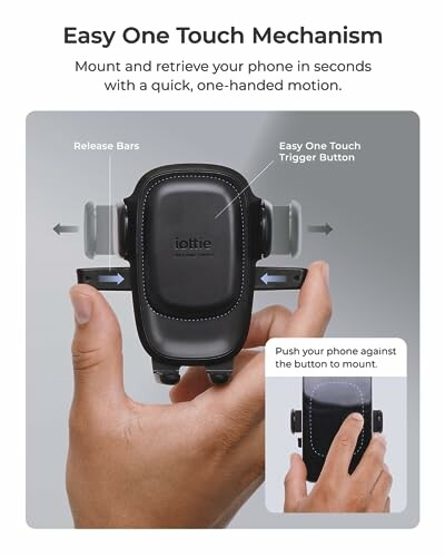 Easy one touch phone mount with hand demonstrating usage.