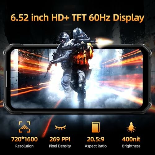 Gaming smartphone display with specifications including 6.52 inch HD+ TFT 60Hz Display, 720x1600 resolution, 269 PPI, 20.5:9 aspect ratio, 400nit brightness.