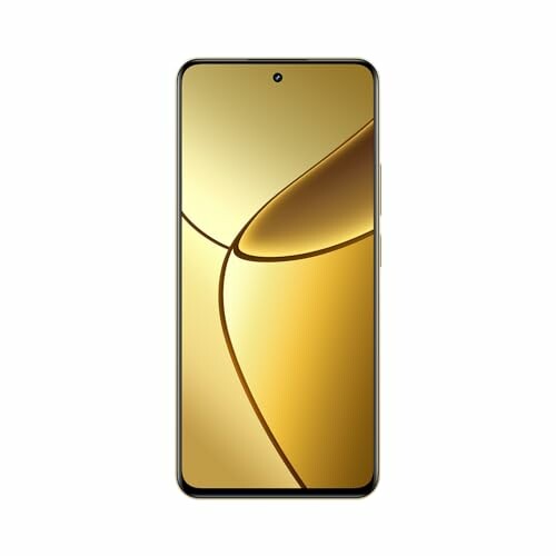 Front view of a smartphone with a golden abstract wallpaper