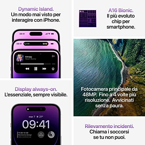 iPhone features including Dynamic Island, A16 Bionic chip, always-on display, 48MP camera, and crash detection.