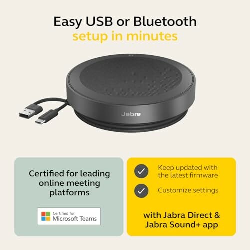 Jabra speaker with USB and Bluetooth setup instructions.