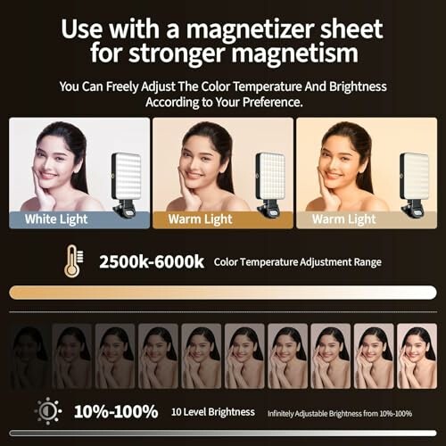 Lighting options with adjustable color temperature and brightness.