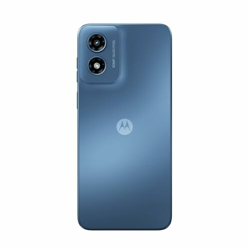 Back view of a blue Motorola smartphone showing dual cameras