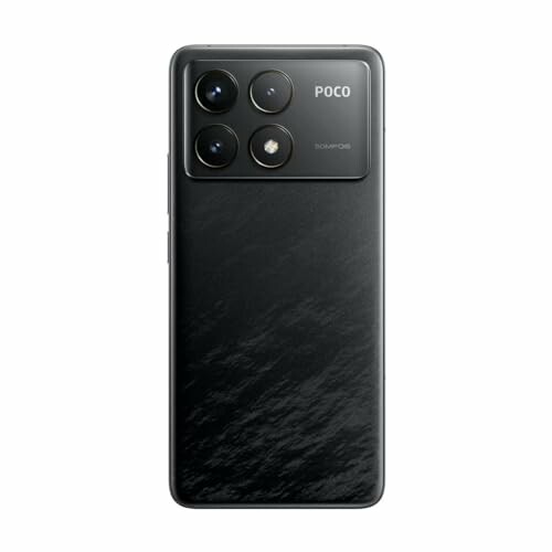 Back view of a Poco smartphone with a textured case and multiple camera lenses.