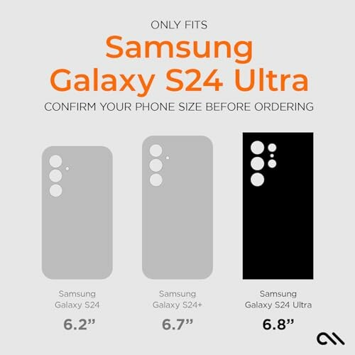 Size comparison chart for Samsung Galaxy S24, S24+, and S24 Ultra.