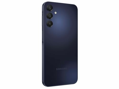 Rear view of a Samsung smartphone with three cameras.