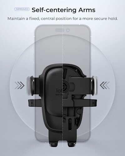 Self-centering phone holder with improved arms for secure hold.